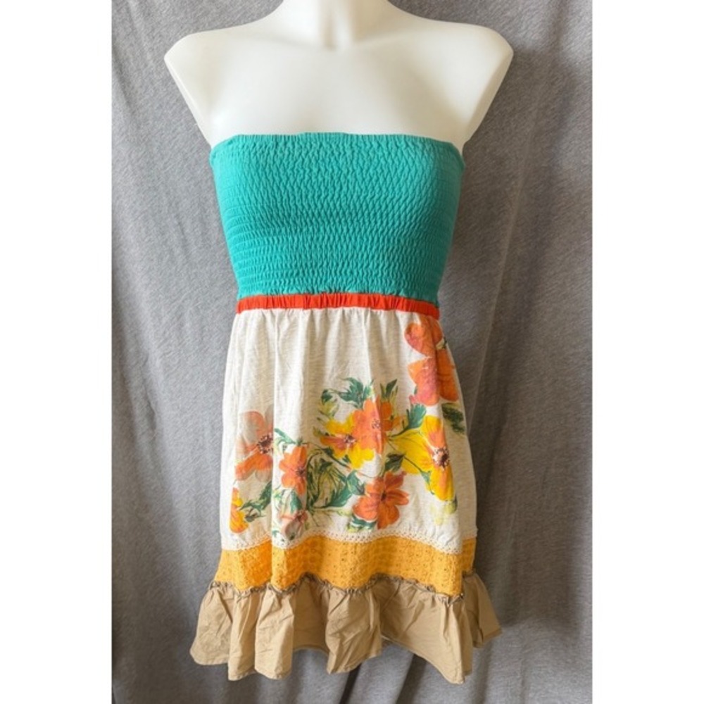 Rewind Strapless Dress Boho Festival Multicolor Floral Smocked Tiered Medium‎